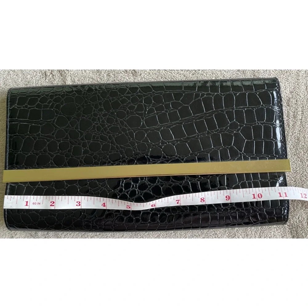 ALDO Black Faux Croc Clutch Wallet‎ Purse Envelope Gold Bar Snap Closure Large